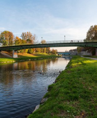 Çek Cumhuriyeti 'nin Ostrava şehrindeki Ostravice nehri güzel bir sonbahar günüdür.