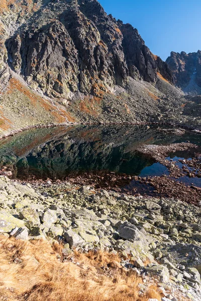 Strbsky stit mountain peak mirroring on Capie pleso lake water ground in Vysoke Tatry mountains in Slovakia — Stock Photo, Image