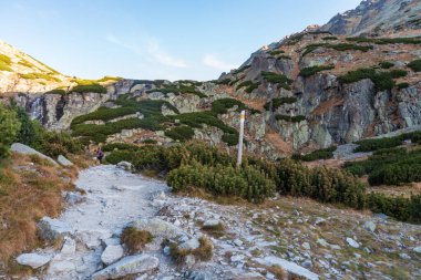 Slovakya 'da vodopad yakınlarındaki Mlynicka dolina vadisinde sonbahar sabahı yürüyüş yolu, vodopad Skok şelalesi ve açık gökyüzü ile Skok şelalesi.