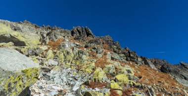 Slovakya 'nın Furkotska dolina vadisinin en yüksek kesimindeki Vysoke Tatry dağları kayalar, çimenler ve açık gökyüzüyle