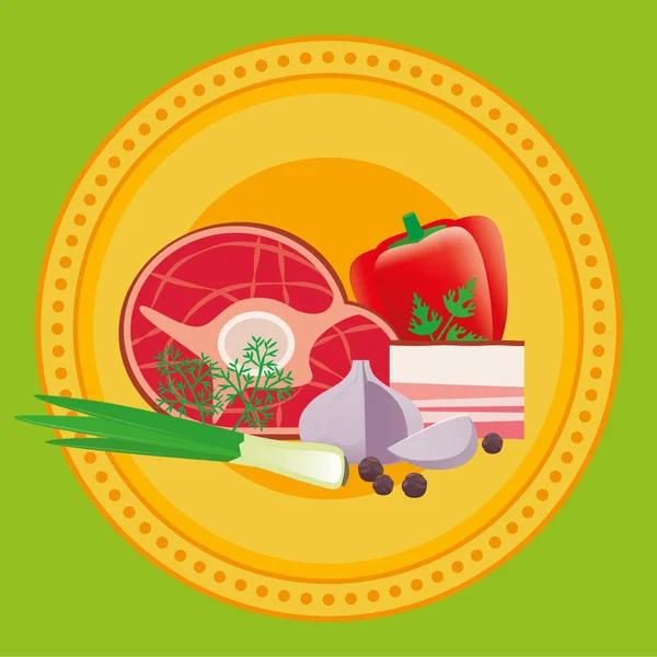Sebze, et vektör kompozisyon. Sebze, et, pastırma ve baharat kümesi. İllüstrasyon simge tasarım yemek kitapları, broşürler, menüler veya site.