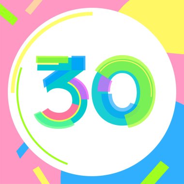 Numbers bright lines and figures funny dynamics_30 anniversary followers. Stylish cheerful figures for the design of posters, booklets, brochures, banners. Infographics advertisement.