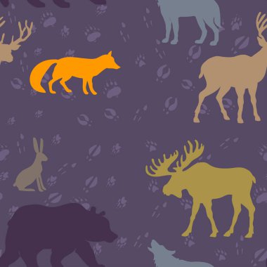 Vahşi hayvanların kusursuz silueti Geyik, Geyik, Ayı, Kurt, Tilki, Tavşan. Kağıt, tekstil ve tasarım üzerine baskı yapmak için arkaplan kağıdı.