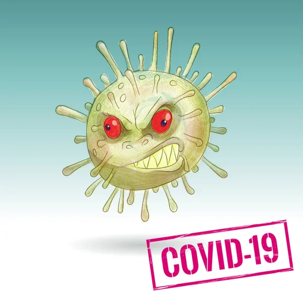 Dişleri sırıtan şeytani bir virüsün temsili. Yüzü olan bir virüs, tehlikeli bir virüs. Uzun metrajlı bir yazı veya bilgi için resimleme.