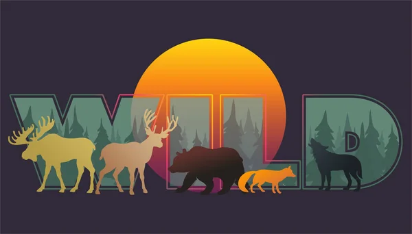 Vector Illustration Composition Silhouettes Wild Animals Forest Elk Deer Bear — Stock Vector