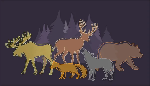 Compoziția Ilustrativă Vectorială Siluetelor Animalelor Sălbatice Din Pădure Elk Căprioară — Vector de stoc