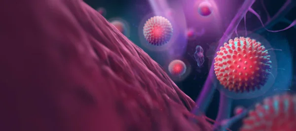 covid-19, koronavirüs salgını, hücresel bir ortamda dolaşan virüs, koronavirüs gribi geçmişi, viral hastalık salgını, organizma illüstrasyonu. Yatay Sancak Kopyalama Uzayı