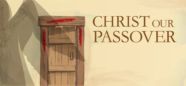 Paskalya illüstrasyonunda kapı direklerinde kan var. Yok edicinin gelip geçen bir meleğinin gölgesi. Tebrik kartı, tebrik, ödevli reklam pankartı. Boşluğu Kopyala.