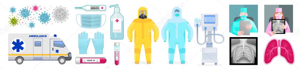 Medecine against the virus_COVID-19 fight tools icon image set. Set of illustrations for the magazine, infographics of feature articles, web publications.