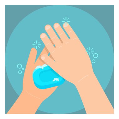 Vektör hisse senedi çizimi. Ellerini sabunla yıka. Köpük yıkama işlemi. Reklam ve bilgilendirme edebiyatı tasarımı ve web yayınları, basılı materyaller.