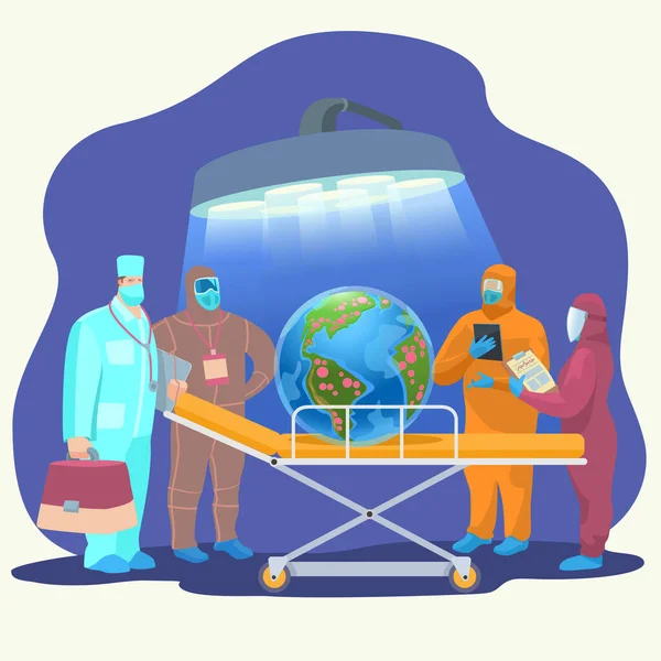 Vektör hisse senedi çizimi. Bir grup doktor dünyayı virüsün yayılmasından nasıl kurtaracaklarına karar veriyor.. 