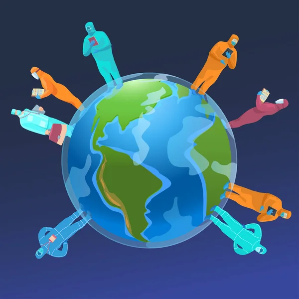 Vektör hisse senedi çizimi. Dünyadaki doktorlar virüs salgını için küresel koruma ve tedavilerdir..