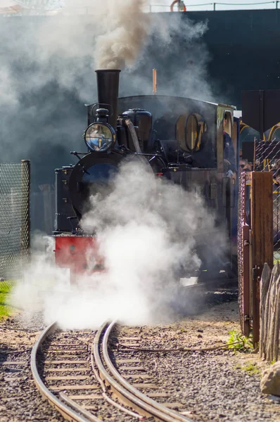 Partida de uma locomotiva a vapor em uma nuvem de fumaça e vapor — Fotografia de Stock