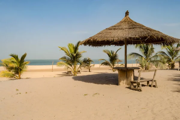 Saman şemsiyesi, küçük ahşap bir bank ve Gambiya 'daki Bijilo Sahilinde bir masa.