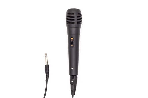Microfone Karaoke Preto Com Sua Ficha Conexão Fundo Branco — Fotografia de Stock
