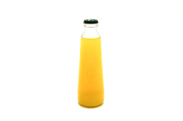 Close Zicht Verse Ananas Sap Glazen Fles Een Witte Achtergrond — Stockfoto