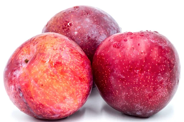 Three Ripe Red Plums Isolated White Big Plan — Stock Photo, Image