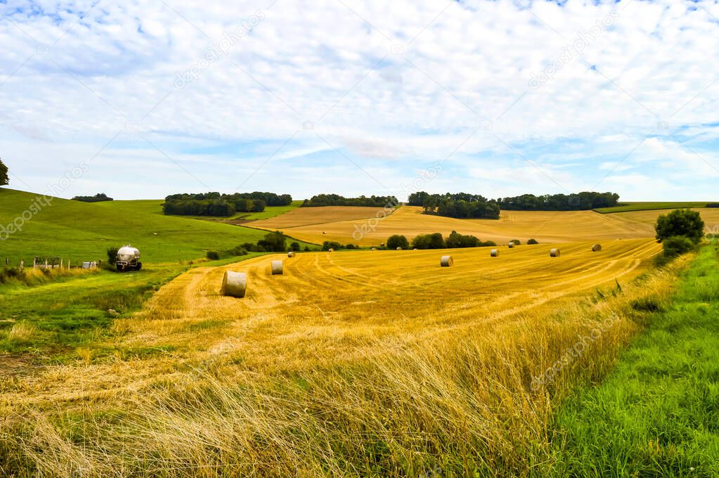 Rural landscape Bales of hay in wheat stubble during the summer harvest Meuse France.