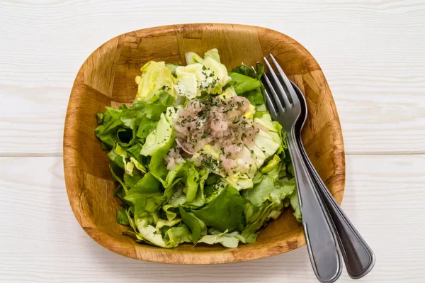 Fresh Green Lettuce Salad Bowl Isolated White Wooden Background — Stock Photo, Image