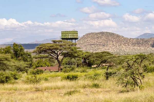 Tanque Almacenamiento Agua Verde Sobre Pilotes Sabana Del Parque Samburu — Foto de Stock