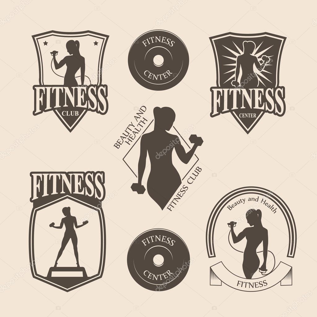 Set of vintage fitness emblems, labels, badges, logo and designed elements