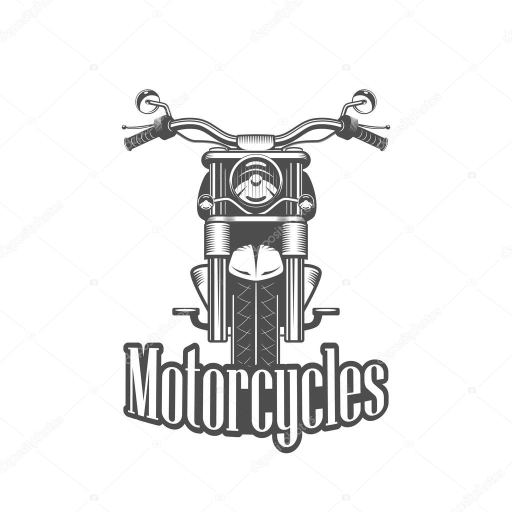Chopper motorcycle front side isolated on white background black and white vector illustration.