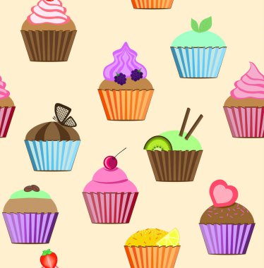 Dikişsiz desen cupcakes vektör çizim ayarla