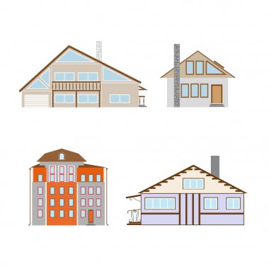 Retro ve modern şehir evleri düz tasarımı. Eski binalar, gökdelenler. renkli yazlık Binası.