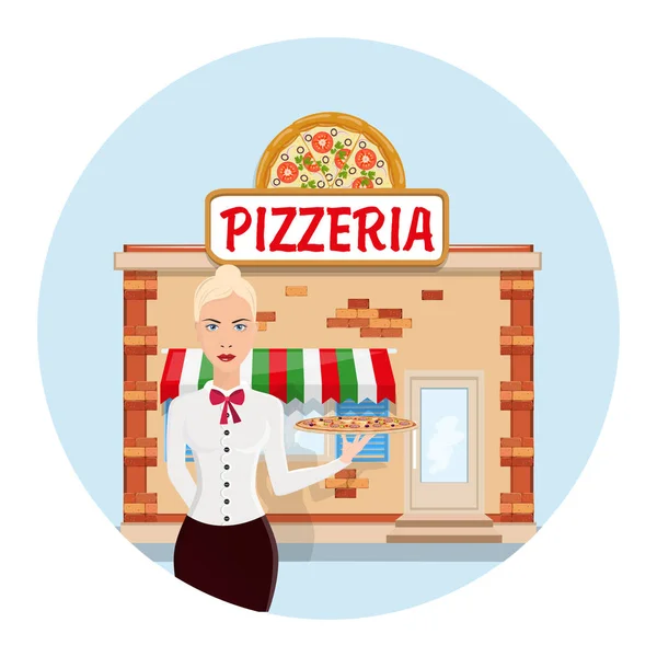 Rajzfilm pizzéria. Vektor lapos illusztráció. Étterem pincér vektor. Klasszikus pincér tart a rendelés. Elszigetelt lapos rajzfilm karakter illusztráció. Pizza rendelés — Stock Vector