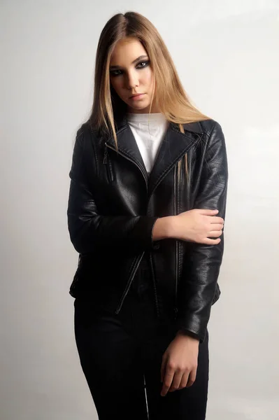 Cute Young Girl Leather Jacket Indoor Studio Portrait — ストック写真