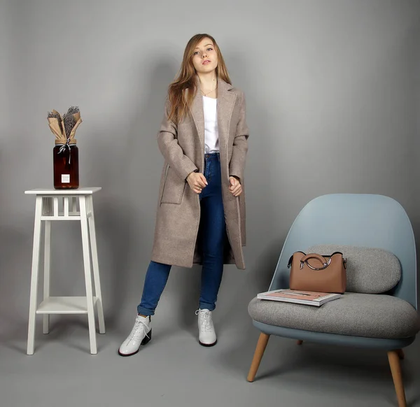 Pretty Young Blonde European Girl Grey Coat Posing Camera Studio — Stock Photo, Image