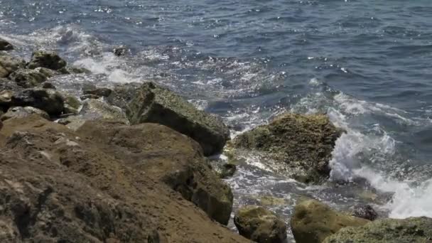 Las olas del mar se aplastan en la costa rocosa — Vídeo de stock