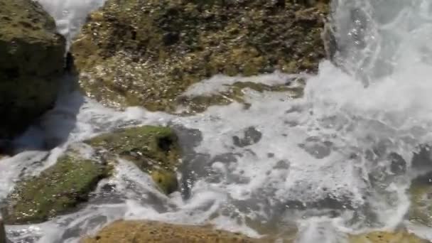 Las olas del mar se aplastan en la costa rocosa — Vídeo de stock