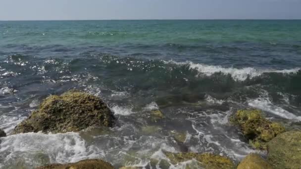 Zeegolven verpletteren de rotsachtige kust. — Stockvideo
