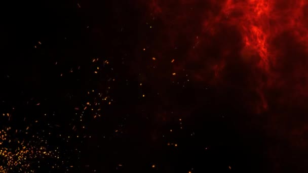 美しい抽象的なシームレスループ可能な背景。燃えるような赤い火花が火から立ち上がる。黒と赤の溶岩の背景にオレンジ色の輝く飛行粒子。火の粒子の背景ループ — ストック動画
