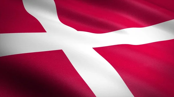 Danmarks flagga. Realistiska viftande flagga 3d render illustration med mycket detaljerad textur. — Stockfoto