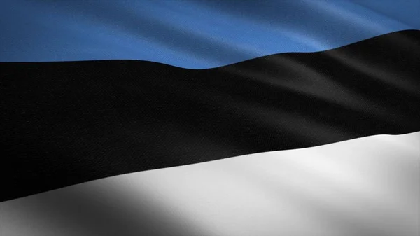 Észtország zászlója. Realisztikus integető zászló 3d teszi illusztráció nagyon részletes szövet textúra. — Stock Fotó