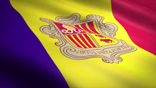 Bandera de Andorra. Bandera ondeante con textura de tela altamente detallada video loopable sin costuras. Lazo sin costura con textura de tejido altamente detallada. Loop listo en resolución 4K — Vídeo de stock