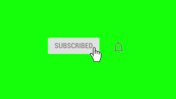 Animation av mus Klicka Prenumerera Knapp och Bell Anmälan med grön skärm kroma nyckel bakgrund. Prenumerera Knapp, Hand Pointer klicka på alla meddelanden Bell på Greenscreen Chromakey — Stockvideo