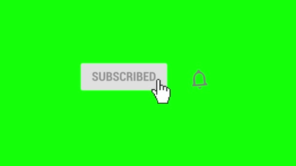 Animación del ratón haciendo clic Suscribir Botón y Bell Notificación con pantalla verde croma clave de fondo. Botón de suscripción, puntero de mano haciendo clic en todas las notificaciones Bell en Greenscreen Chromakey — Vídeo de stock