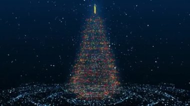 Animasyon Noel Ağacı, Titrek Noel Işıkları, Düşen Kar Taneleri ve Kopyalama Alanlı Kusursuz Arkaplan Döngüsü. Canlandırılmış parçacıklardan yapılmış ışıltılı Noel ağacı. Mesaj için yer. Noel havası..