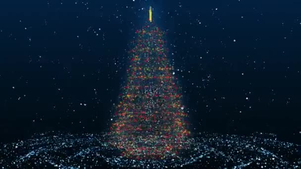 Lazo de fondo inconsútil animado del árbol de Navidad con luces de Navidad parpadeantes, copos de nieve que caen y espacio de copia. Árbol de Navidad brillante hecho de partículas animadas.Espacio para el humor text.Christmas . — Vídeos de Stock