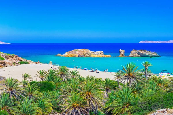 Doğal peyzaj palmiye ağaçları, turkuaz su ve tropikal plaj, Vai, Crete, Yunanistan.