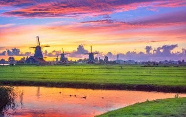 Hollanda yel değirmenleri ve nehir kıyısında günbatımı, Felemenk, Hollanda ile geleneksel köy.