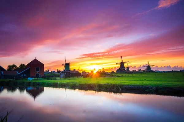 Traditional village with dutch windmills and river at sunset, Holland, Netherlands. — Stock Photo, Image