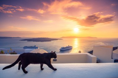 Santorini Adası, Yunanistan-Temmuz 2019: Oia, İtalya 'daki Yunan köyü manzarası