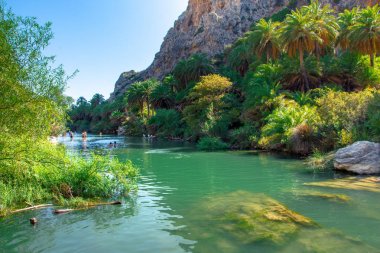 Kourtaliotis nehir ve kanyon Libya deniz, nehir ve palmiye orman, Güney Girit, Yunanistan, Preveli beach yakınındaki görünümü