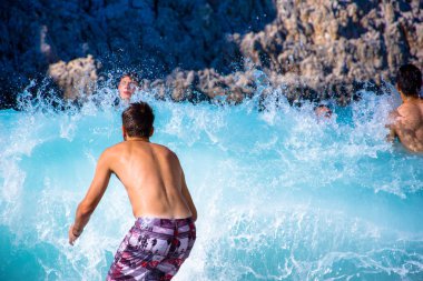 Seitan limania veya Agiou Stefanou, Cennet plaj turkuaz su ile. Hanya, Akrotiri, Girit, Yunanistan 15 Ağustos 2017.