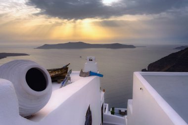 Santorini, Yunanistan, geleneksel evler Kiklad tarzı Özet görünümü.