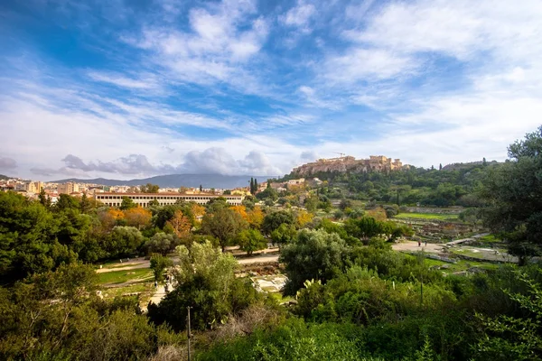 Acropoli Con Partenone Veduta Dal Mercato Antico Agorà Con Rovine — Foto Stock